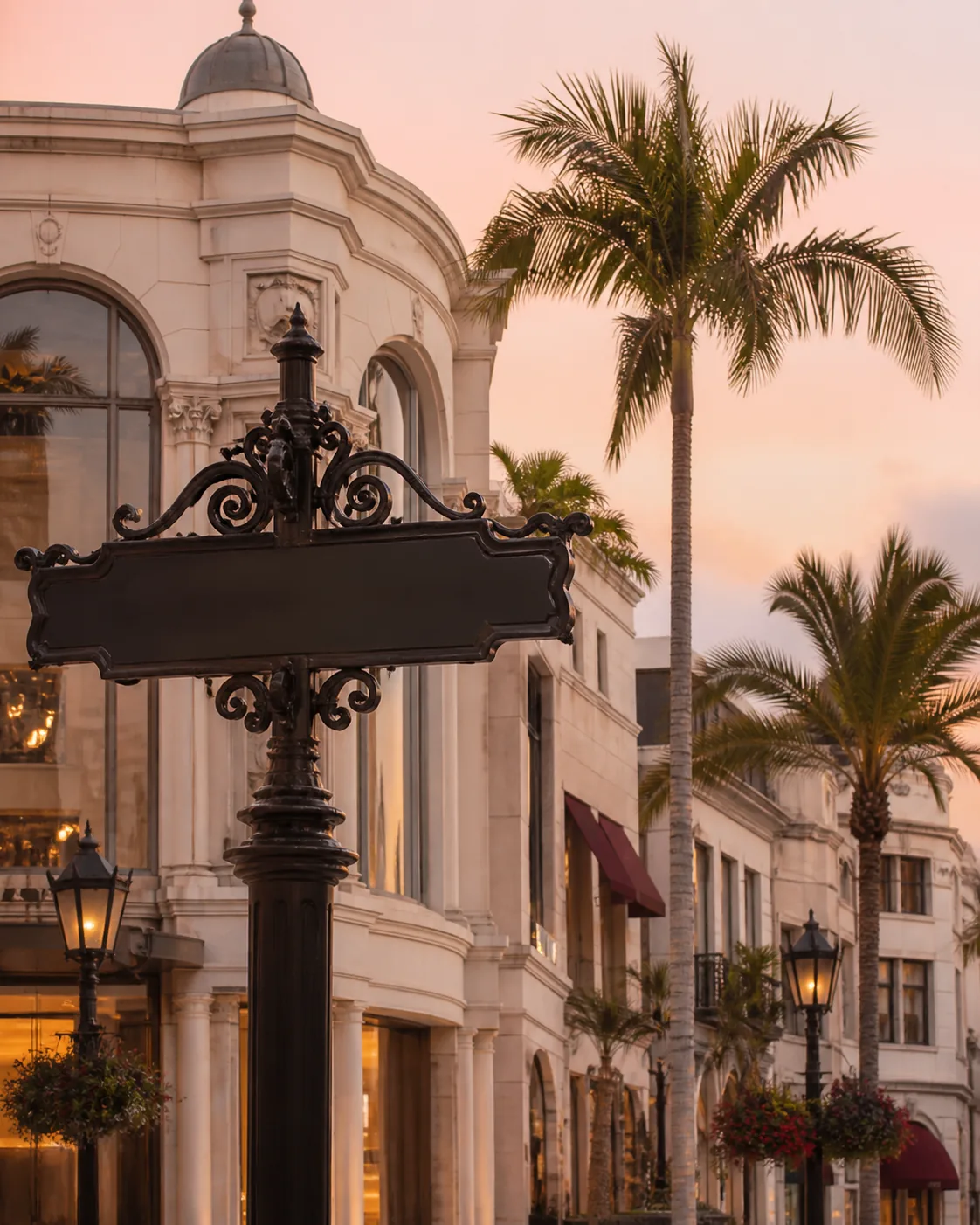 Elegant Beverly Hills architecture and palm-lined street