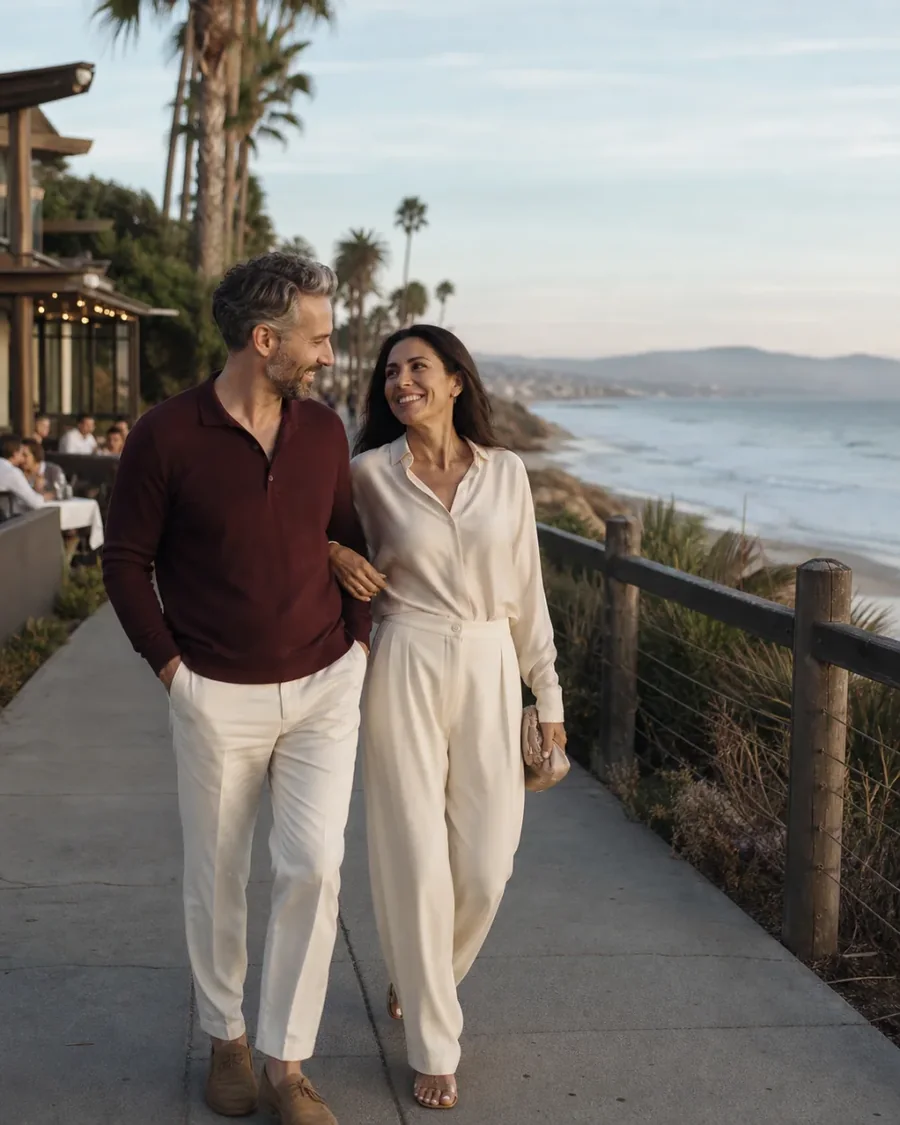 Adult couple enjoying a coastal date in Santa Monica, Los Angeles